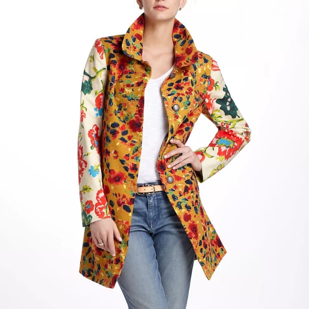 Anthropologie Elevenses Leopardlily Multicolor Garden Print Coat Size 0P NEW
